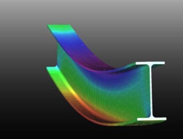 A simple supported I-beam bending under uniform distributed load. Isometric view 3D Illustration of mesh deformation and plot of normal stresses from finite element analysis on grey gradient backround