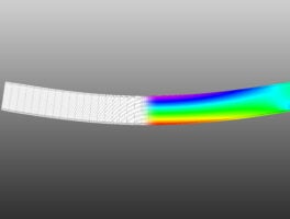 A simple supported I-beam bending under uniform distributed load. Side view 3D Illustration of mesh deformation and plot of normal stresses from finite element analysis on grey gradient backround