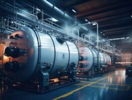 Inside the modern industrial boiler room, large metal tanks and pipes, industrial concept generating heat.