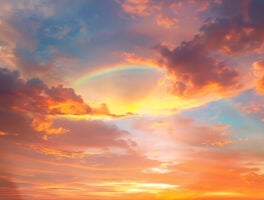 Scenic view of a vibrant sunset sky with a partial rainbow and scattered clouds.