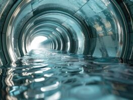 Perspective view inside a large, modern aqueduct pipe, water flowing, metallic interior realistic