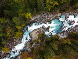 river in the mountains, top view of the mountain river, autumn l