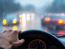Car with a foggy windshield on a rainy day. Featuring a driver struggling to see